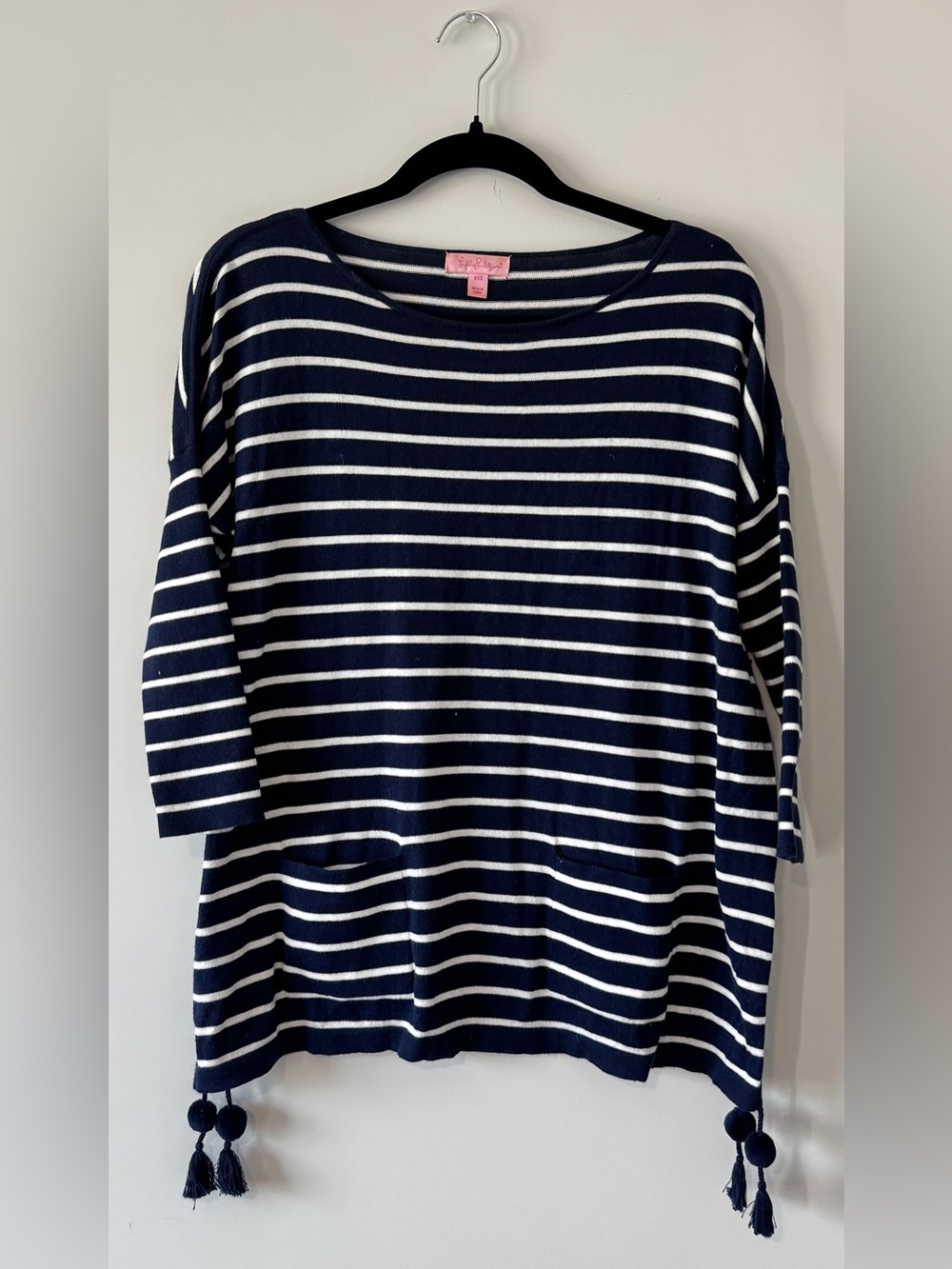 Lilly Pulitzer Elba Sweater Navy White Coastal Shell Stripe Tassel Oversized XXS - Picture 2 of 7